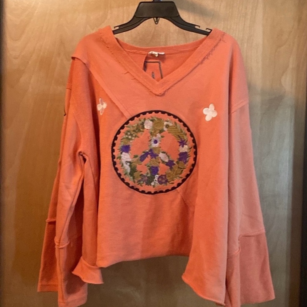 POL Vibrant Orange Sweatshirt with Embroidered Floral Peace Sign, Size M